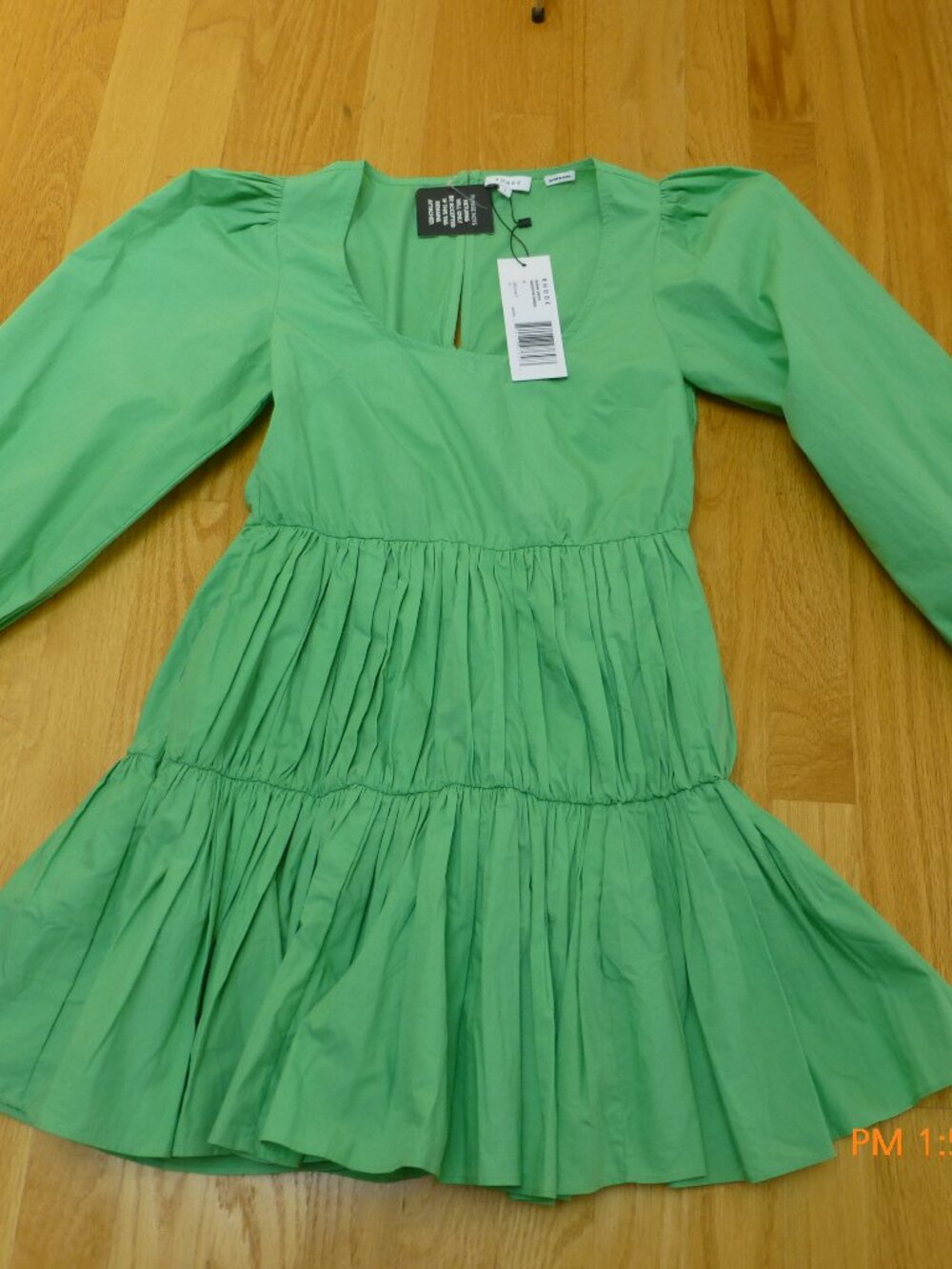 RHODE Quinn Dress Absinthe Green Size 0 Puff Long Sleeves Tiered !00% Cotton